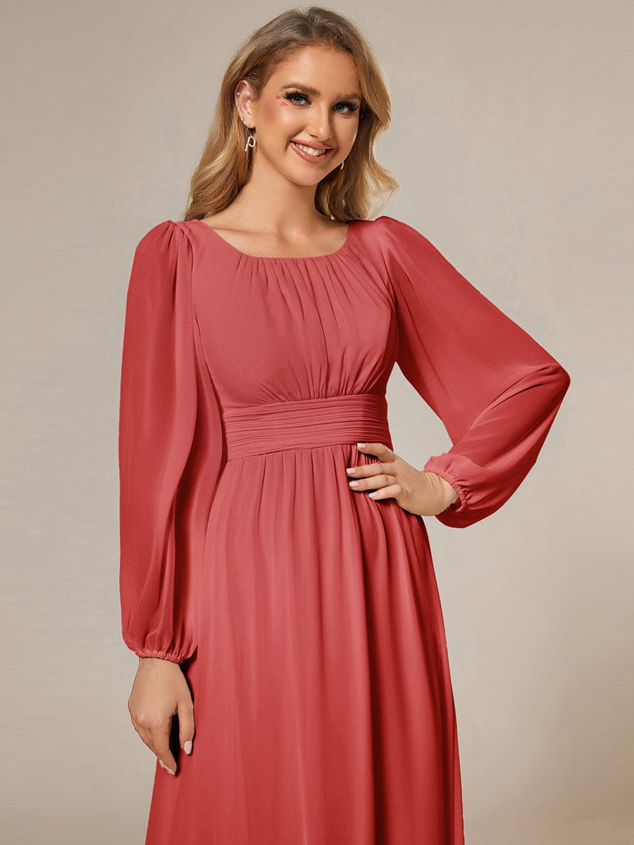 Chiffon Long Sleeve Pleated Floor Length Bridesmaid Dress #Couleur_Coral