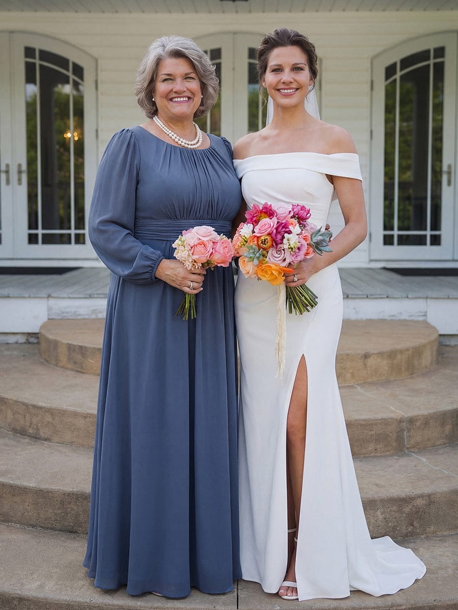 Chiffon Long Sleeve Pleated Floor Length Bridesmaid Dress #color_Dusty Blue