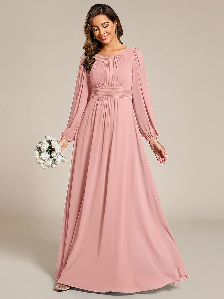 Chiffon Long Sleeve Pleated Floor Length Bridesmaid Dress #color_Dusty Rose