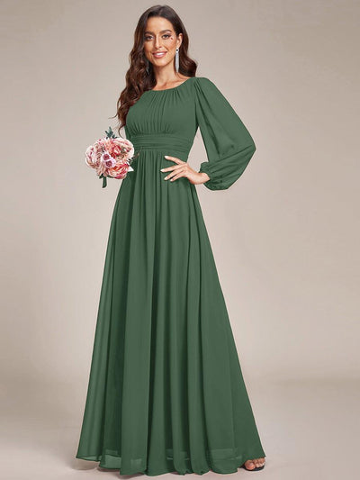 Chiffon Long Sleeve Pleated Floor Length Bridesmaid Dress #color_Eucalyptus Green