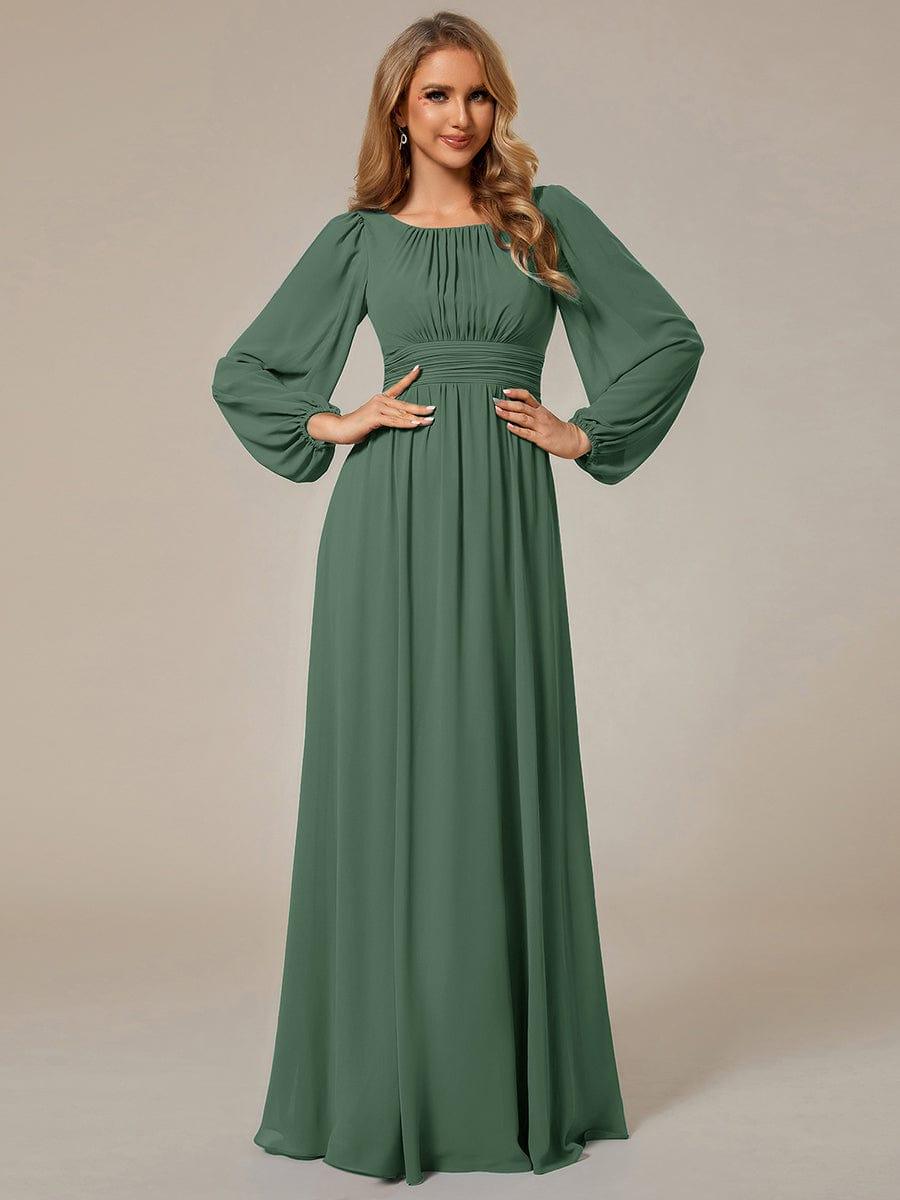 Chiffon Long Sleeve Pleated Floor Length Bridesmaid Dress #color_Eucalyptus Green