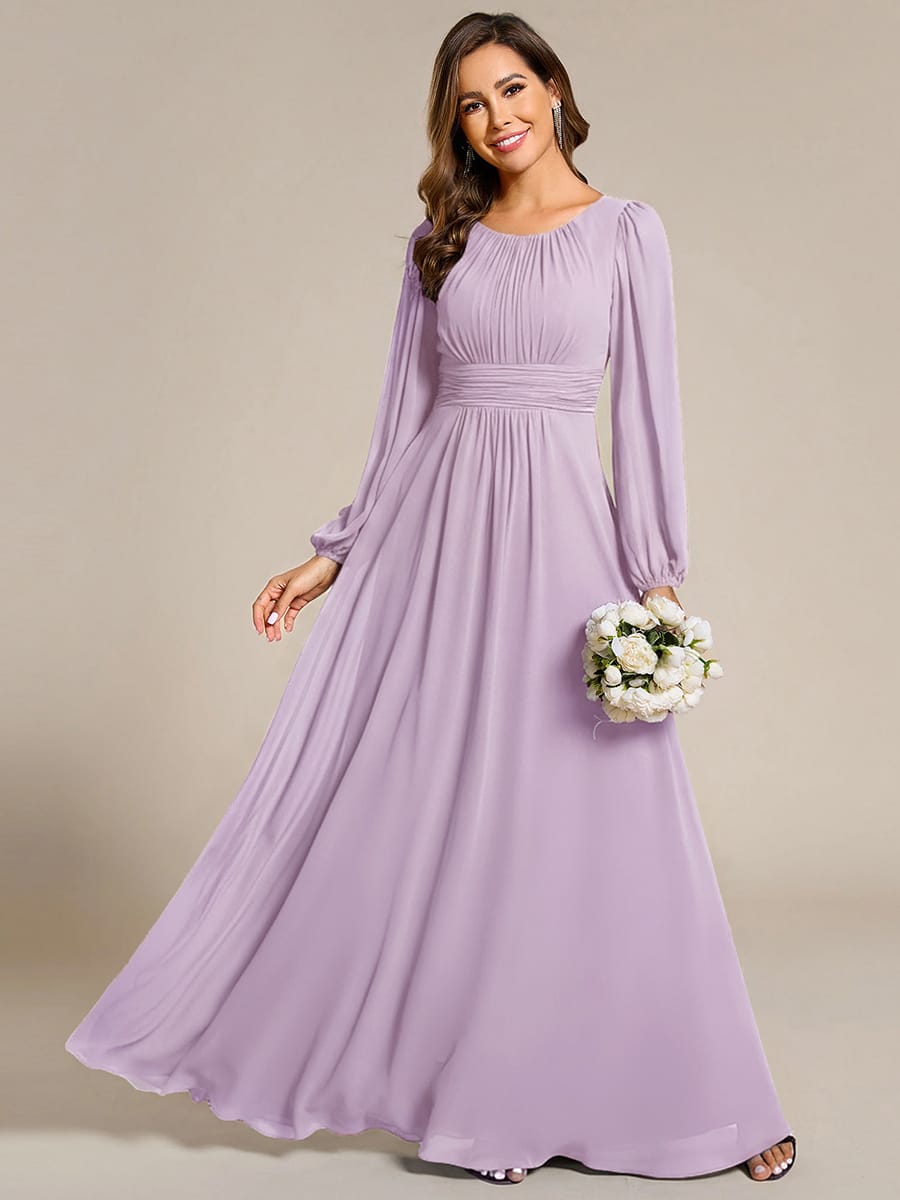 Chiffon Long Sleeve Pleated Floor Length Bridesmaid Dress #color_Frosted Lilac