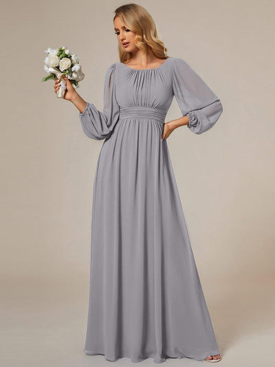 Chiffon Long Sleeve Pleated Floor Length Bridesmaid Dress #color_Grey