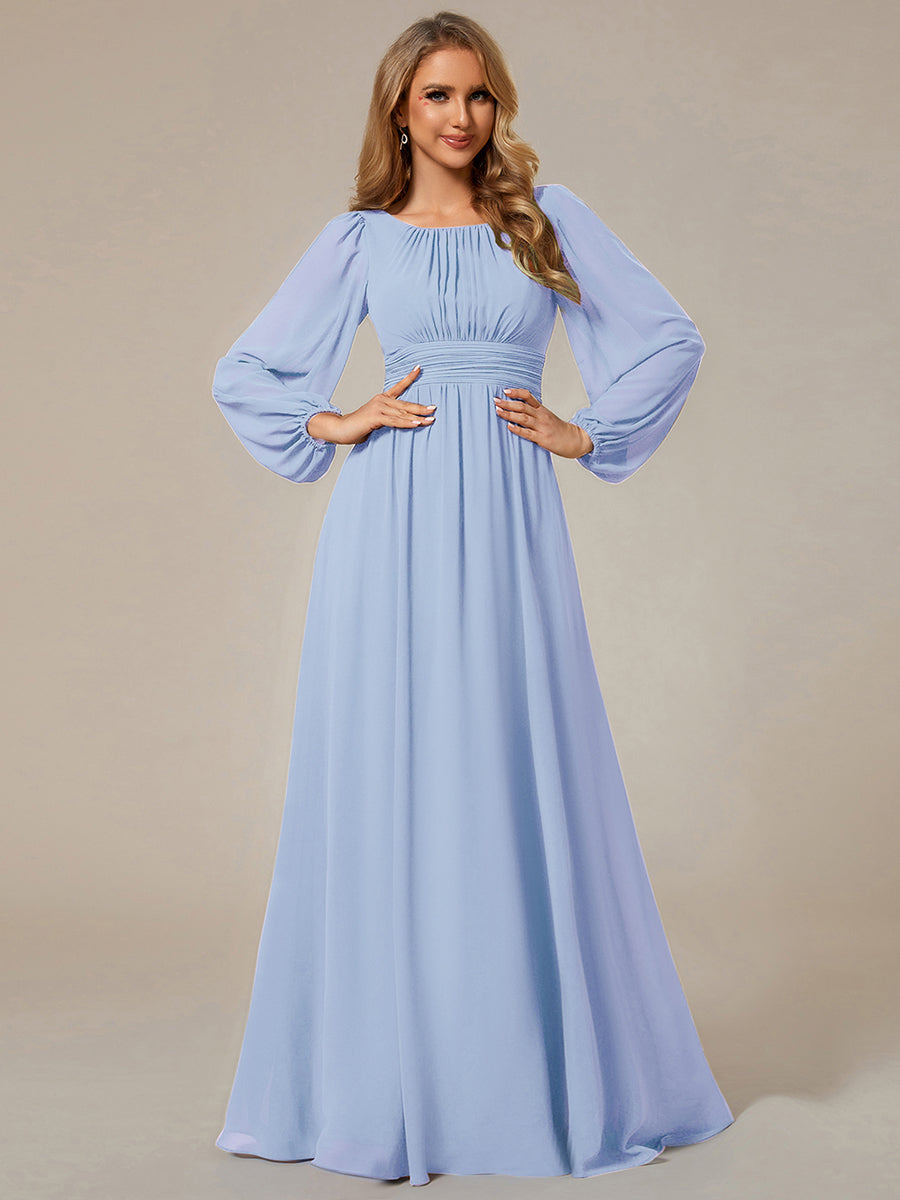 Chiffon Long Sleeve Pleated Floor Length Bridesmaid Dress #color_Ice Blue