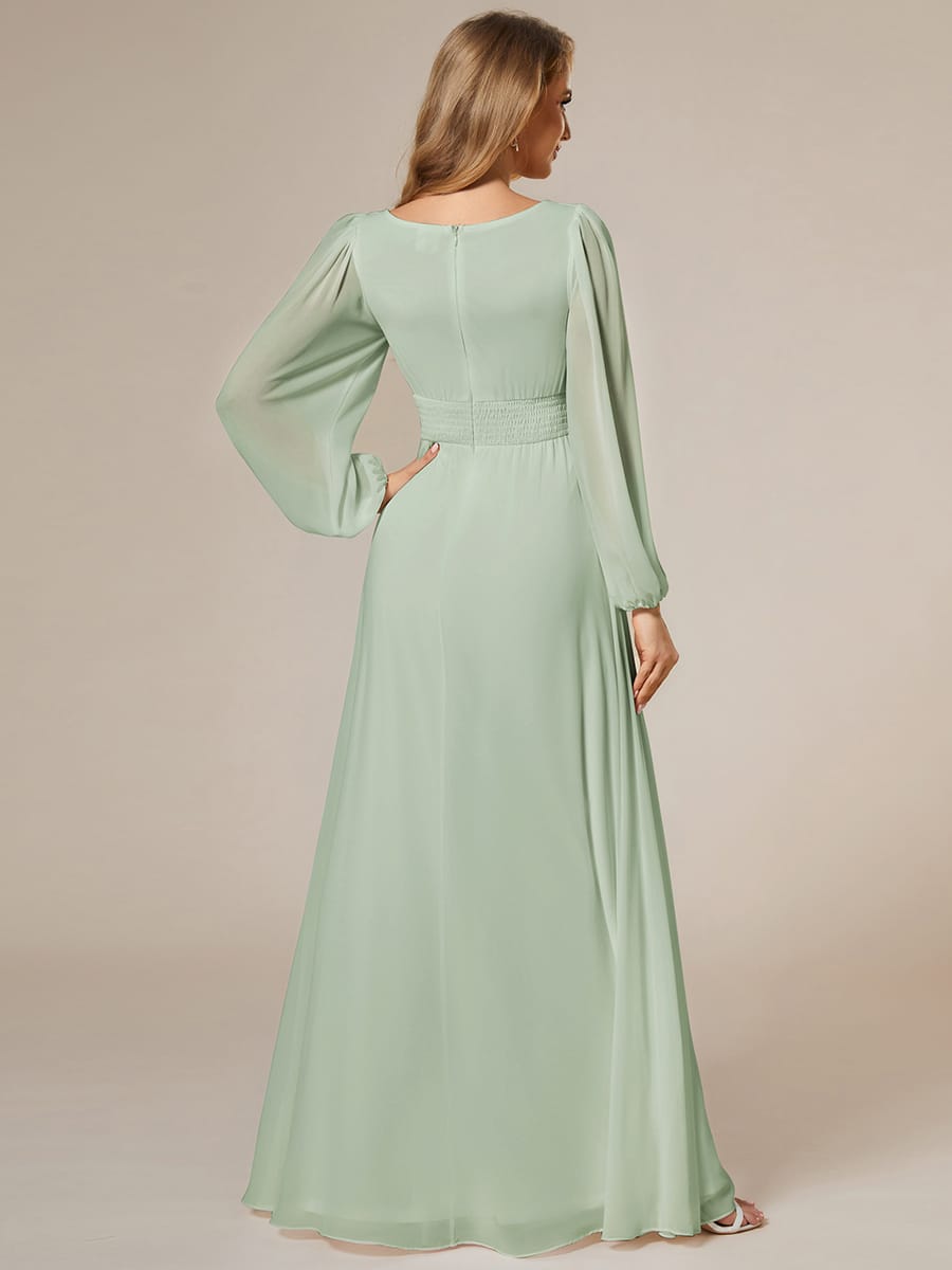 Chiffon Long Sleeve Pleated Floor Length Bridesmaid Dress #color_Mint Green