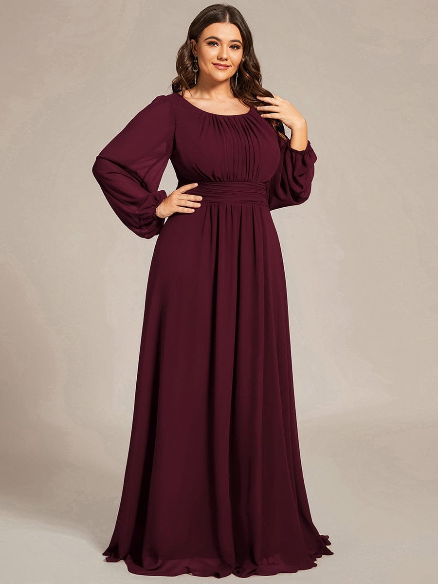 Chiffon Long Sleeve Pleated Floor Length Bridesmaid Dress in Dusty Blue #color_Mulberry