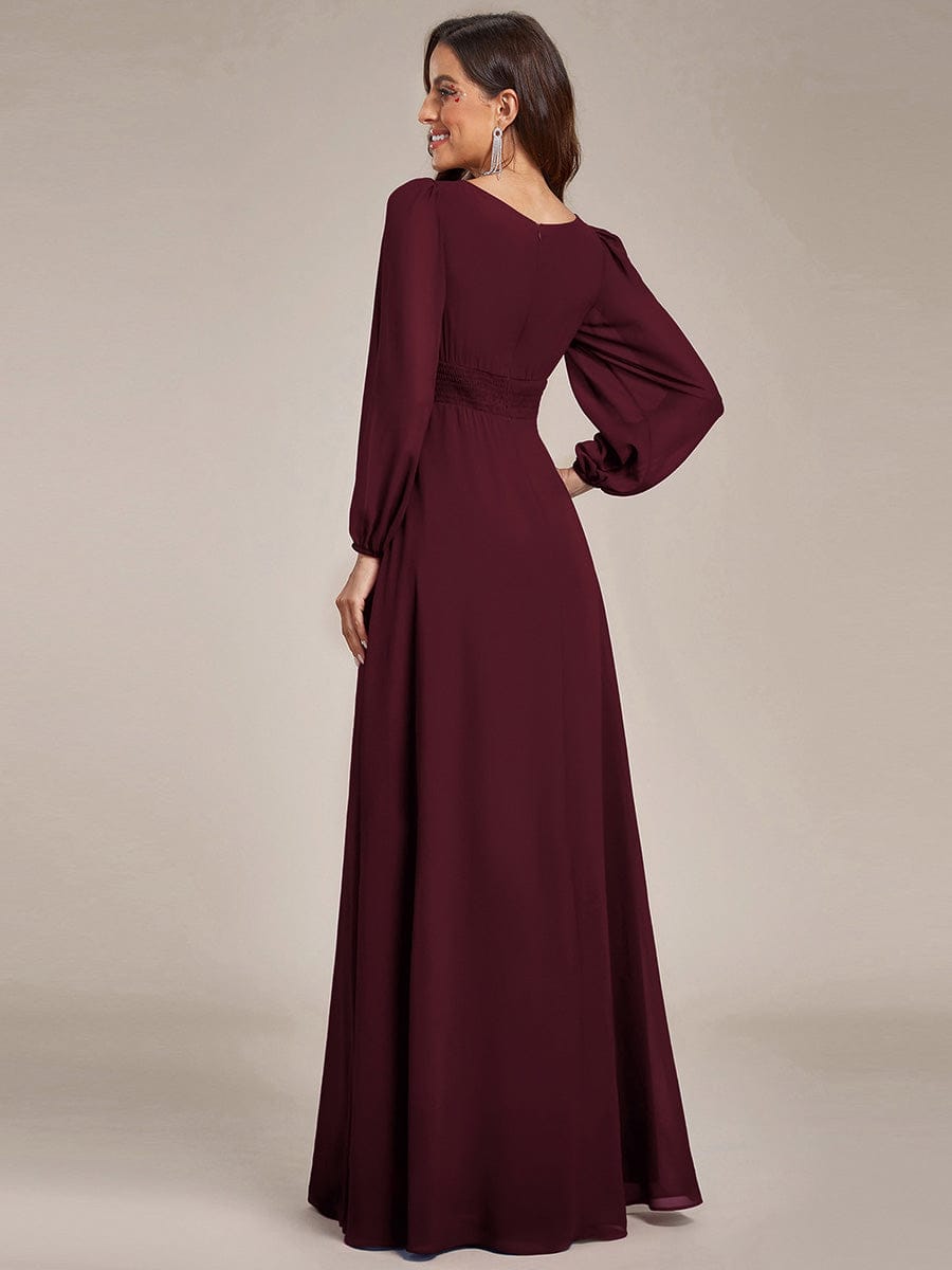 Chiffon Long Sleeve Pleated Floor Length Bridesmaid Dress in Dusty Blue #color_Mulberry
