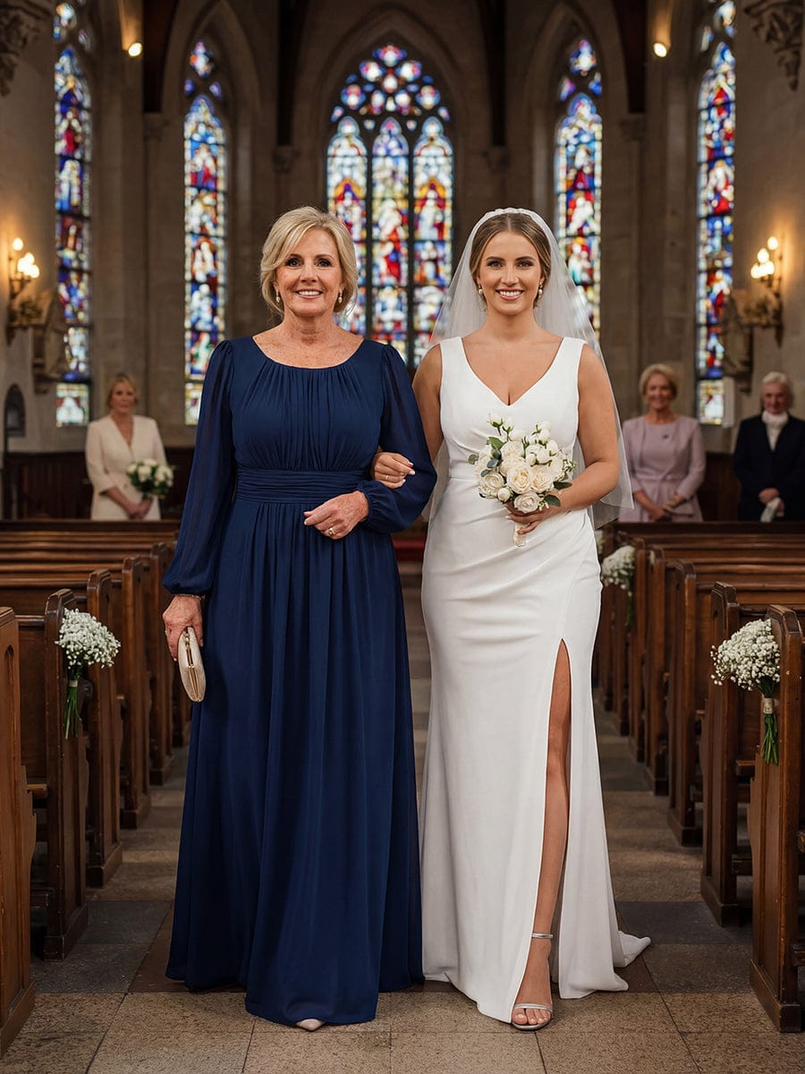 Chiffon Long Sleeve Pleated Floor Length Bridesmaid Dress #color_Navy Blue