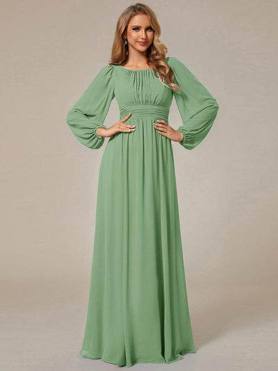 Chiffon Long Sleeve Pleated Floor Length Bridesmaid Dress #color_Sage Green