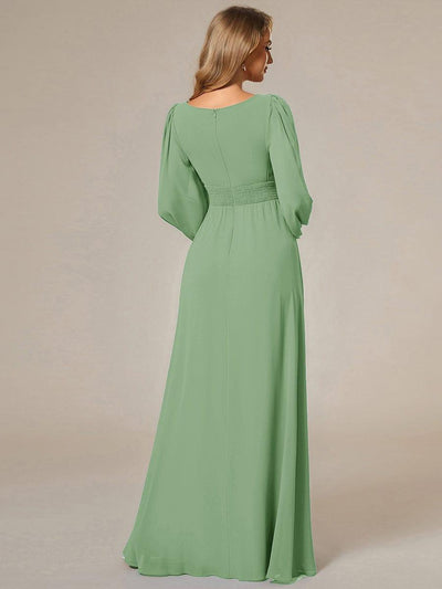 Chiffon Long Sleeve Pleated Floor Length Bridesmaid Dress #color_Sage Green