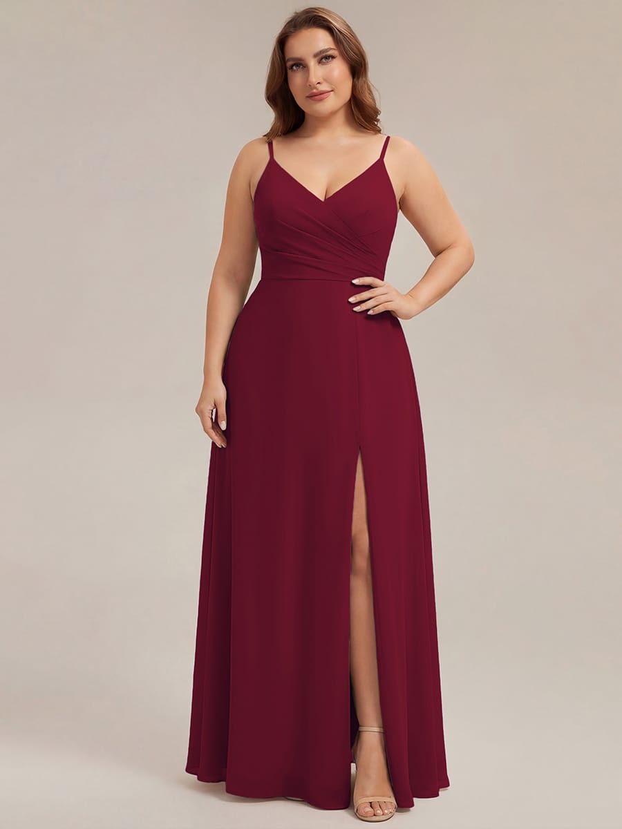 Spaghetti Strap Pleated V-Neck High Slit Bridesmaid Dress #color_Burgundy