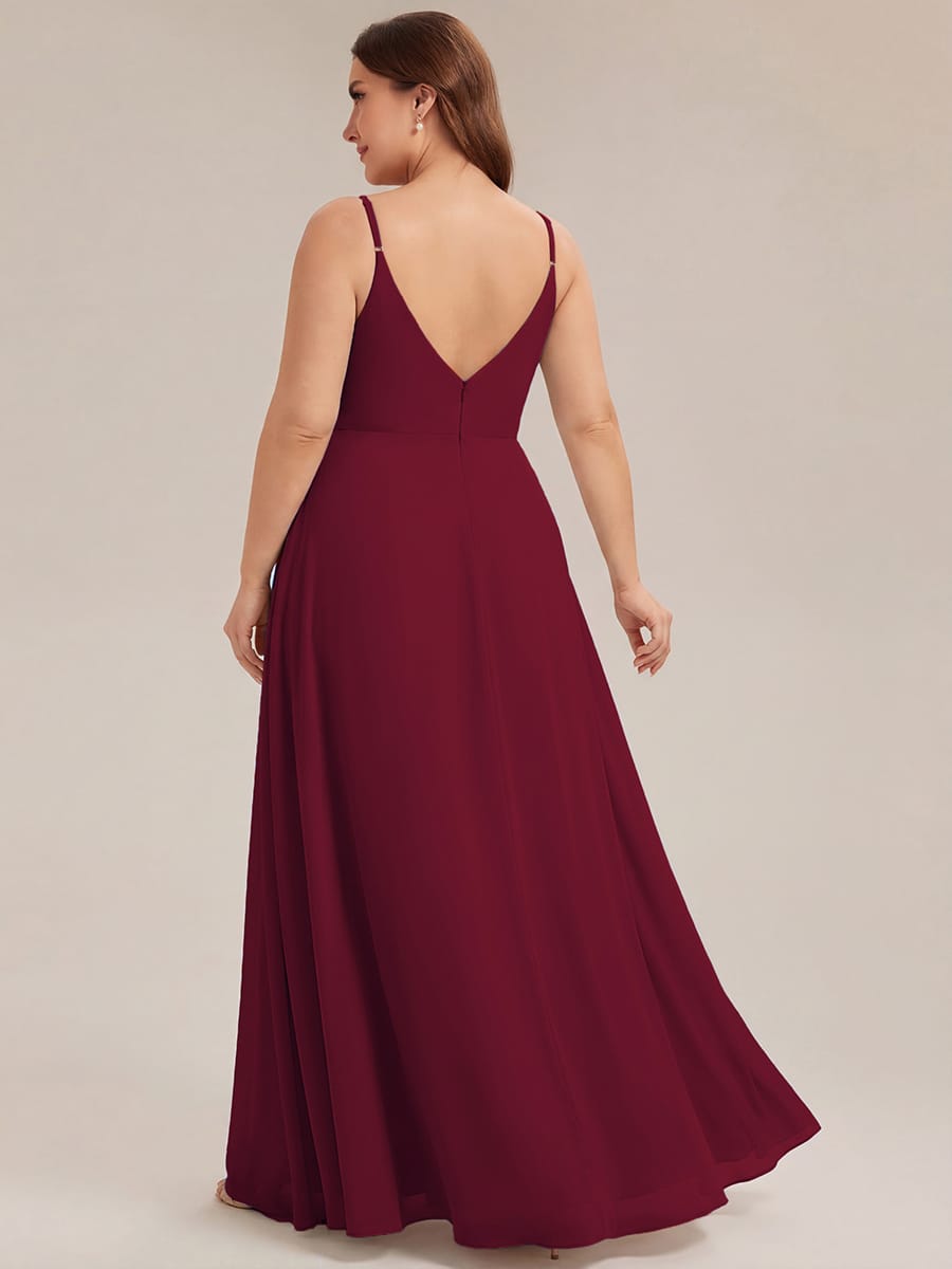 Spaghetti Strap Pleated V-Neck High Slit Bridesmaid Dress #color_Burgundy