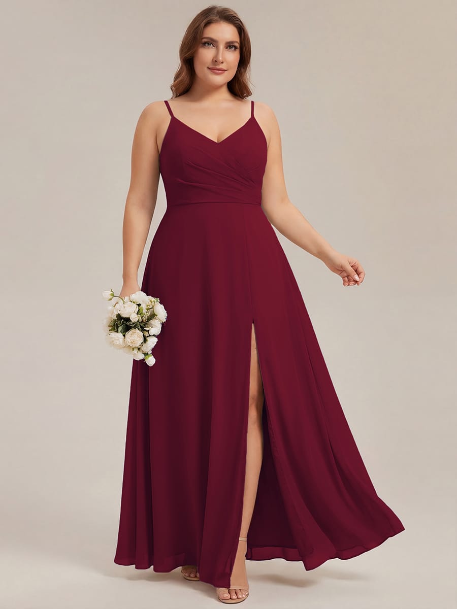 Spaghetti Strap Pleated V-Neck High Slit Bridesmaid Dress #color_Burgundy