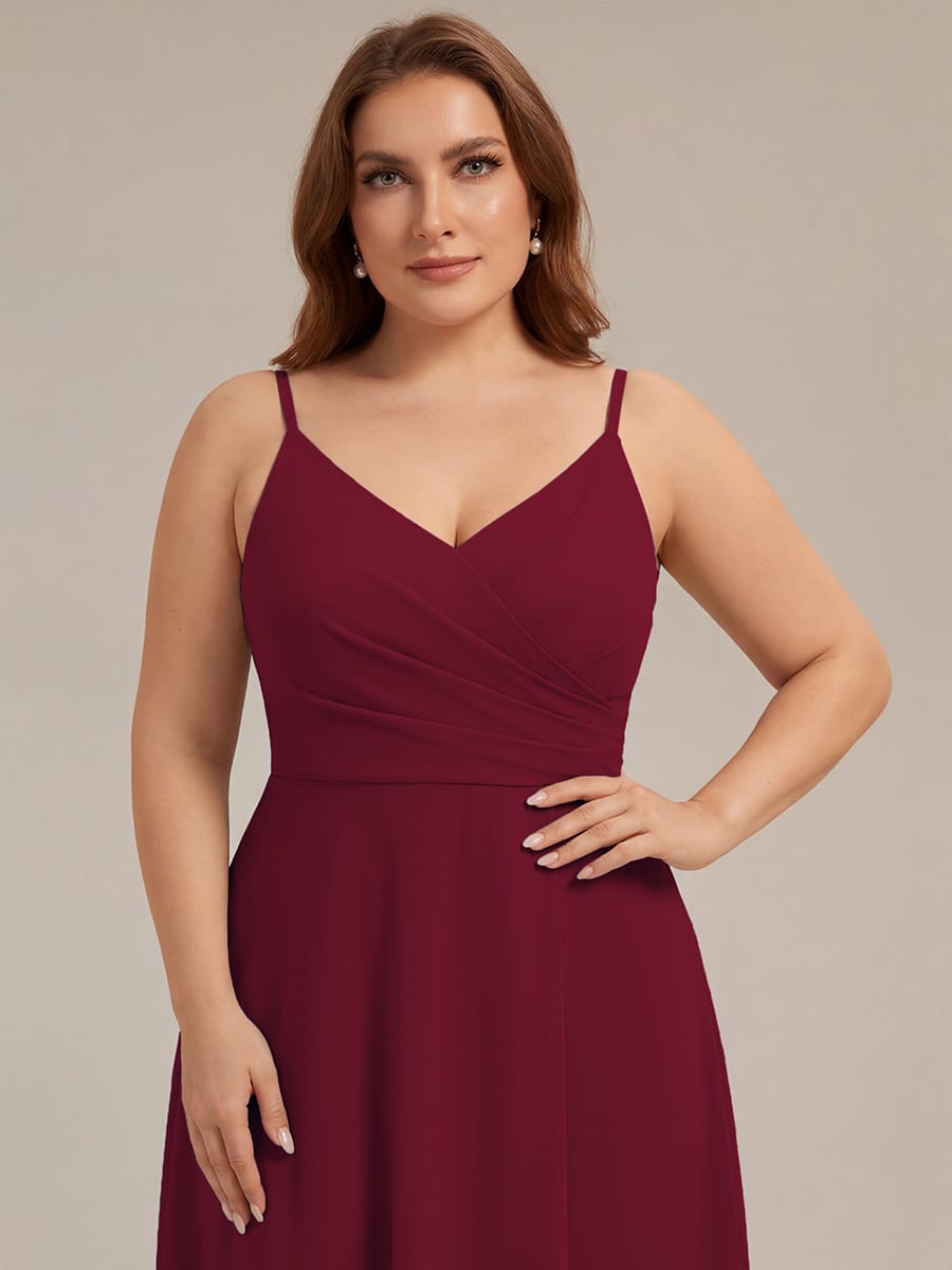 Spaghetti Strap Pleated V-Neck High Slit Bridesmaid Dress #color_Burgundy