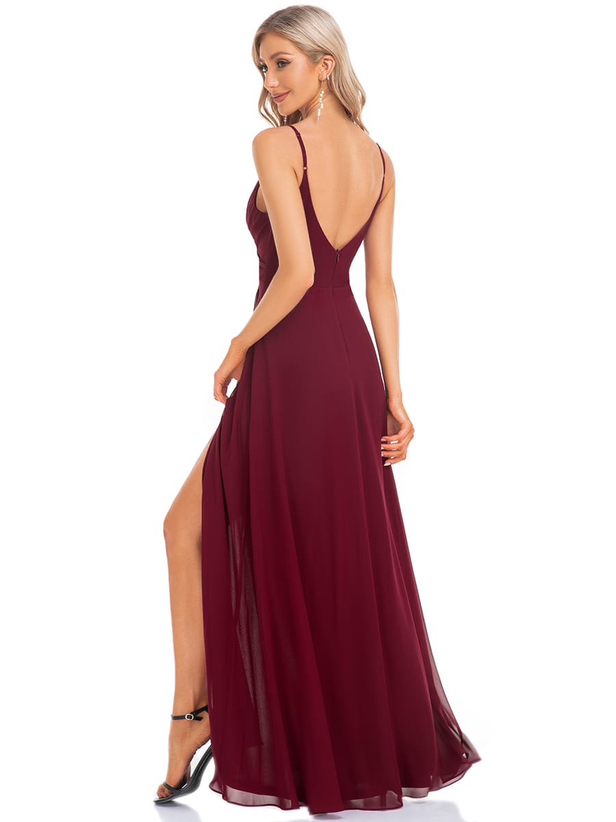 Spaghetti Strap Pleated V-Neck High Slit Bridesmaid Dress #color_Burgundy