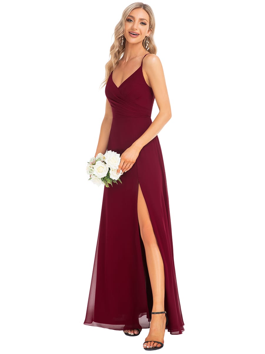 Spaghetti Strap Pleated V-Neck High Slit Bridesmaid Dress #color_Burgundy