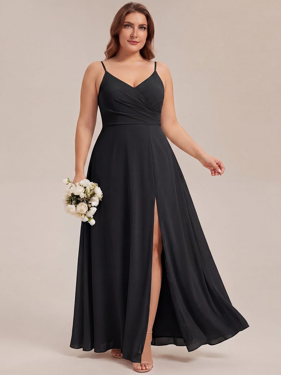 Spaghetti Strap Pleated V-Neck High Slit Bridesmaid Dress #color_Black