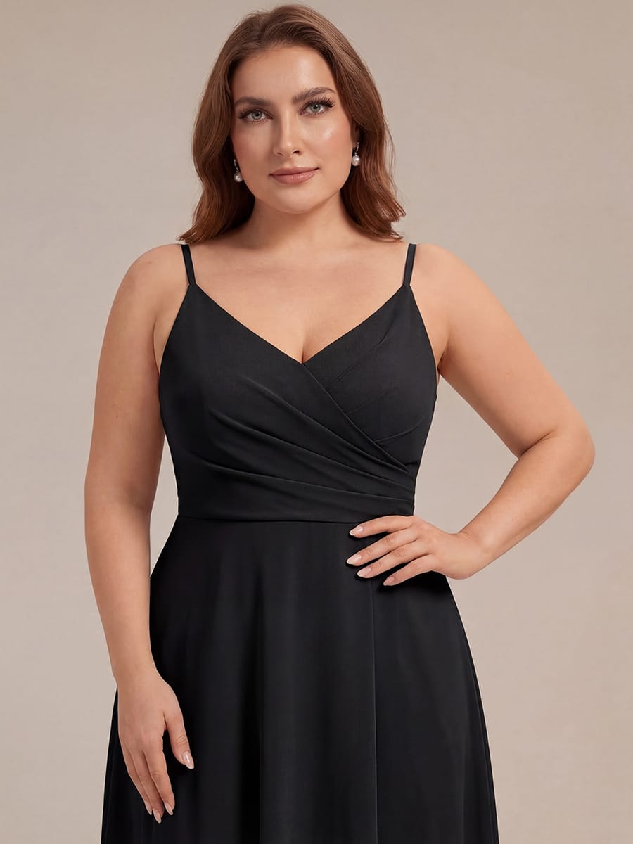 Spaghetti Strap Pleated V-Neck High Slit Bridesmaid Dress #color_Black