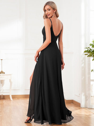 Spaghetti Strap Pleated V-Neck High Slit Evening Dress #color_Black