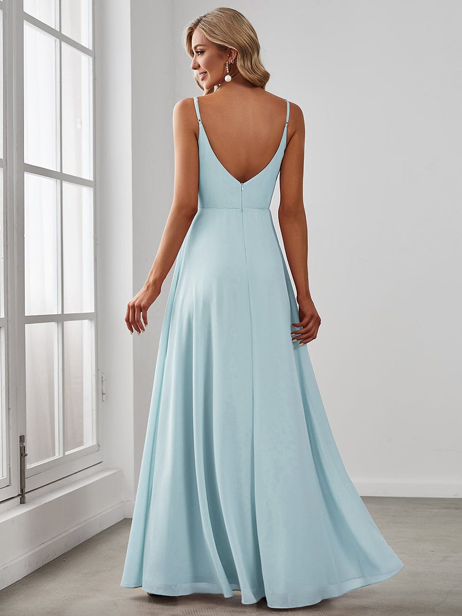 Spaghetti Strap Pleated V-Neck High Slit Bridesmaid Dress #color_Sky Blue