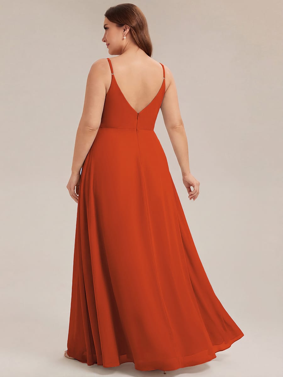 Spaghetti Strap Pleated V-Neck High Slit Bridesmaid Dress #color_Burnt Orange