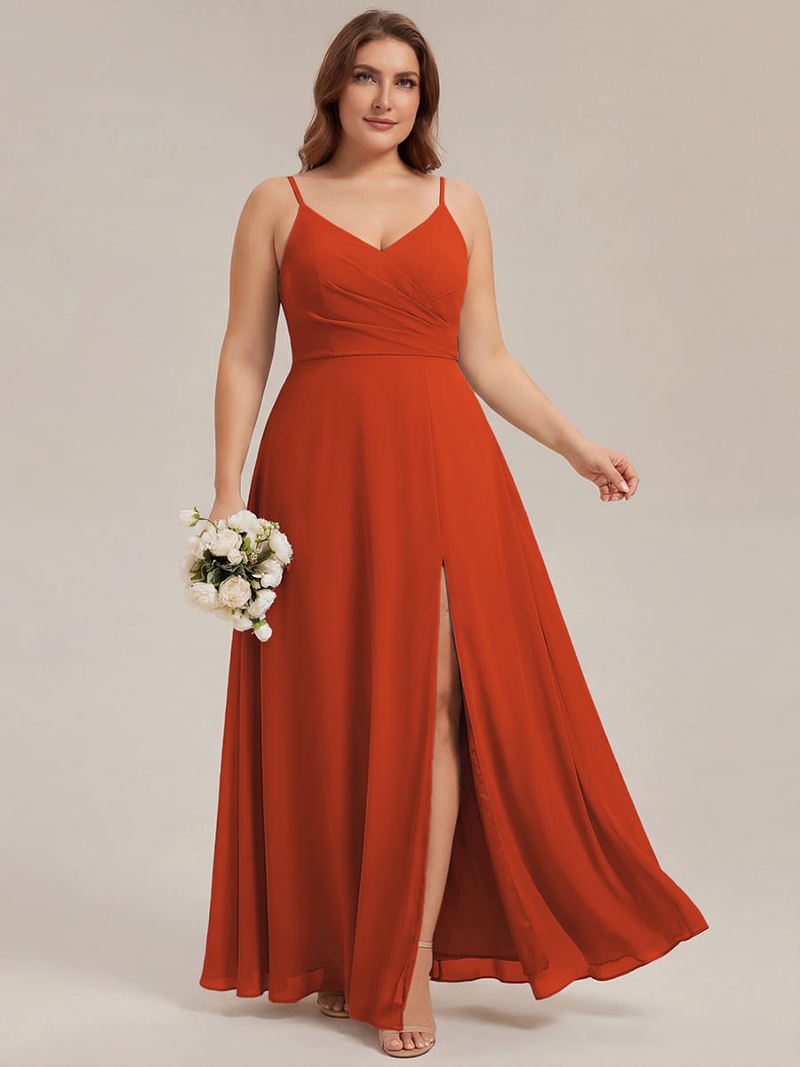 Spaghetti Strap Pleated V-Neck High Slit Bridesmaid Dress #color_Burnt Orange