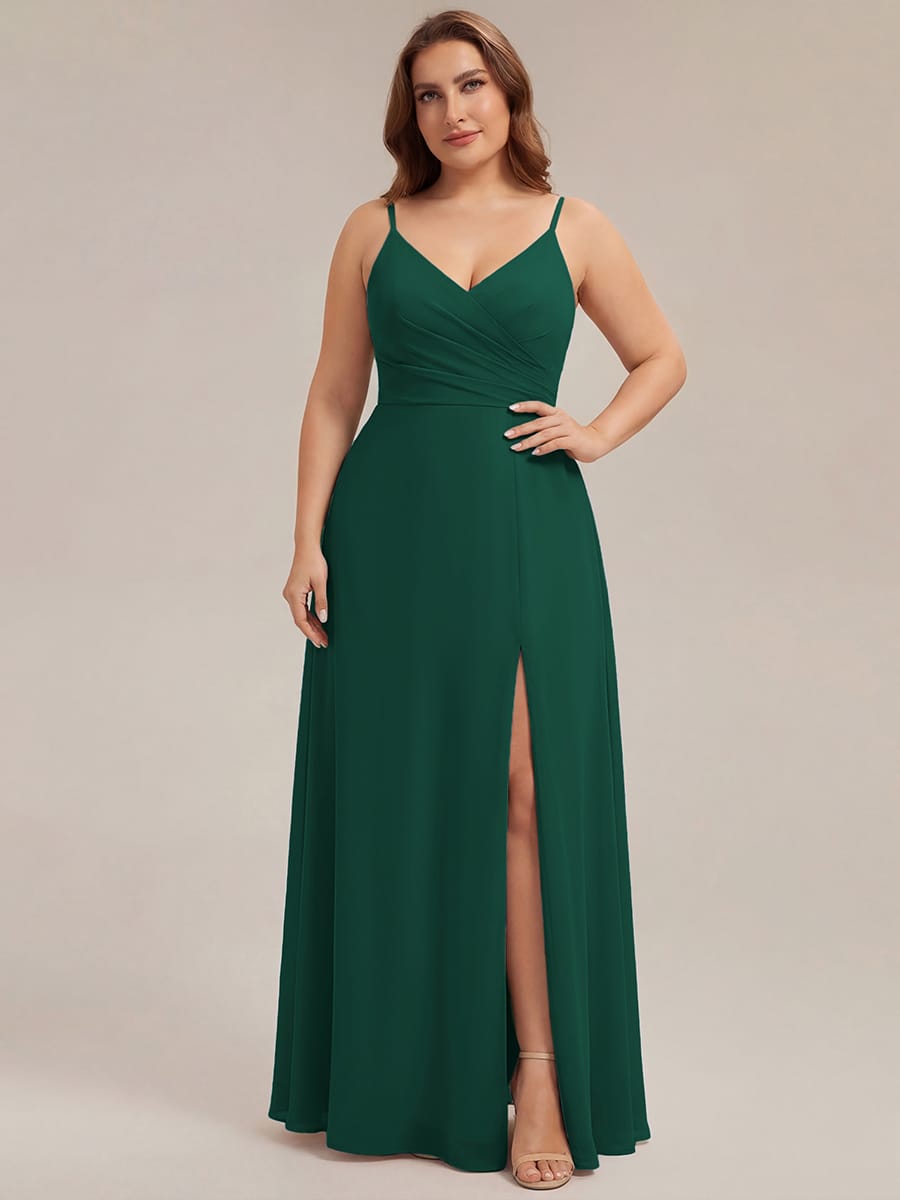Spaghetti Strap Pleated V-Neck High Slit Bridesmaid Dress #color_Dark Green