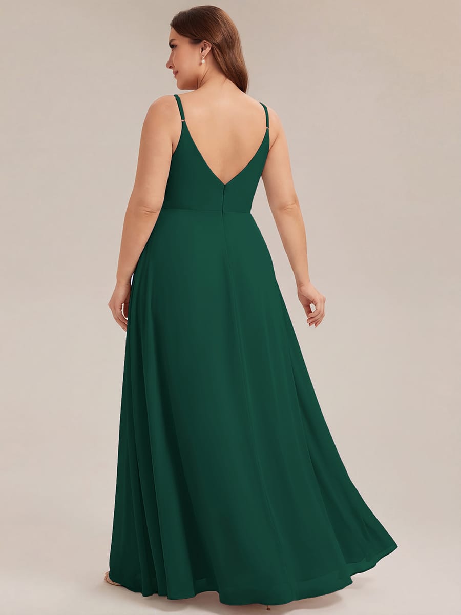 Spaghetti Strap Pleated V-Neck High Slit Bridesmaid Dress #color_Dark Green