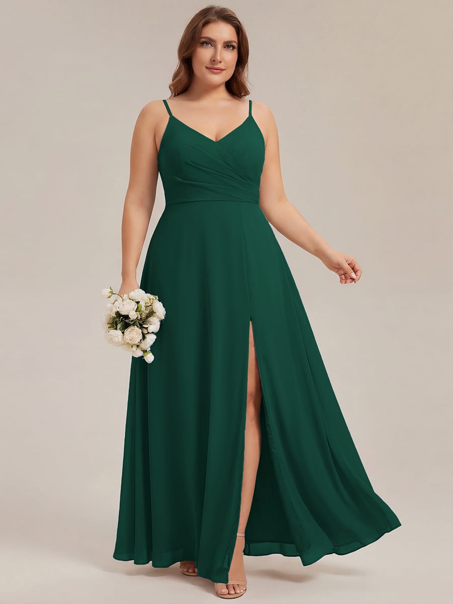 Spaghetti Strap Pleated V-Neck High Slit Bridesmaid Dress #color_Dark Green