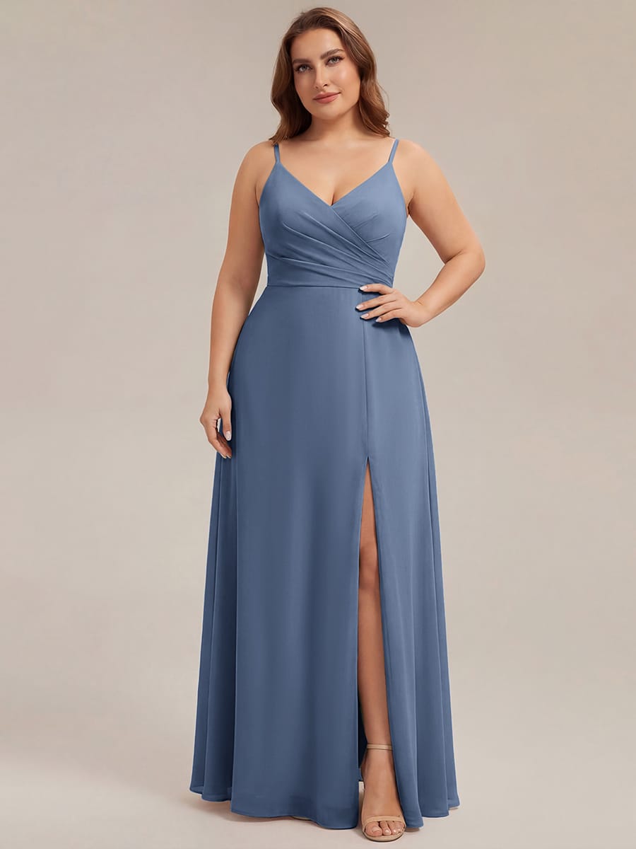 Spaghetti Strap Pleated V-Neck High Slit Bridesmaid Dress #color_Dusty Blue