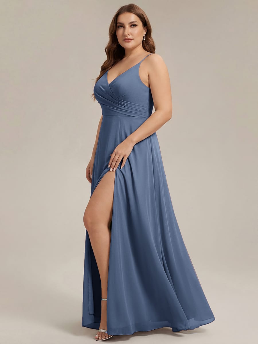 Spaghetti Strap Pleated V-Neck High Slit Bridesmaid Dress #color_Dusty Blue