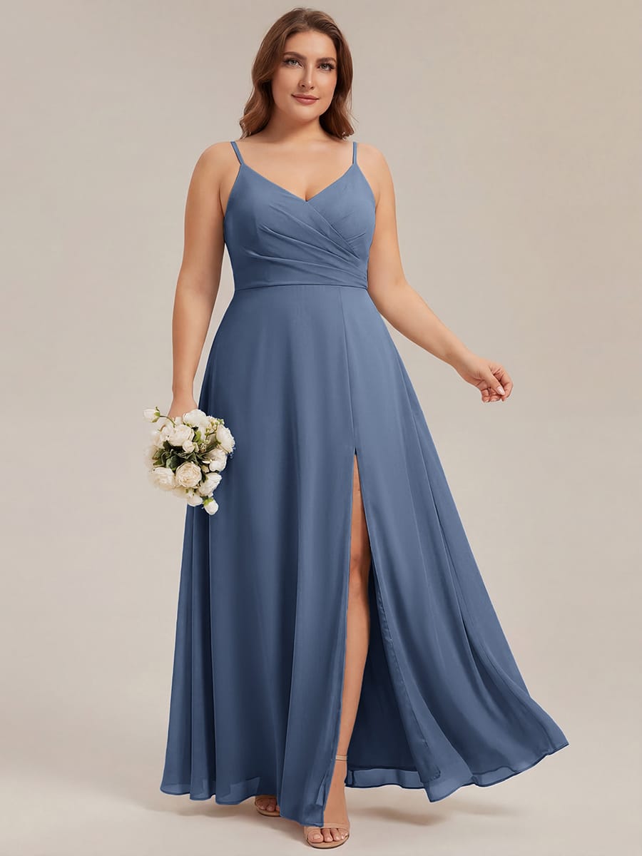 Spaghetti Strap Pleated V-Neck High Slit Bridesmaid Dress #color_Dusty Blue