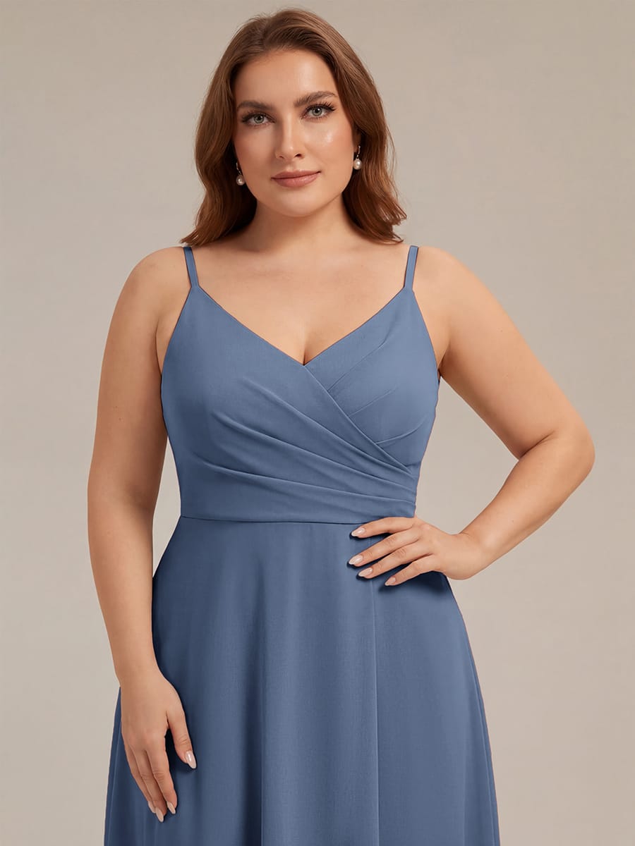 Spaghetti Strap Pleated V-Neck High Slit Bridesmaid Dress #color_Dusty Blue