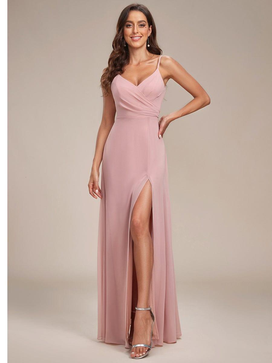 Spaghetti Strap Pleated V-Neck High Slit Evening Dress #color_Dusty Rose