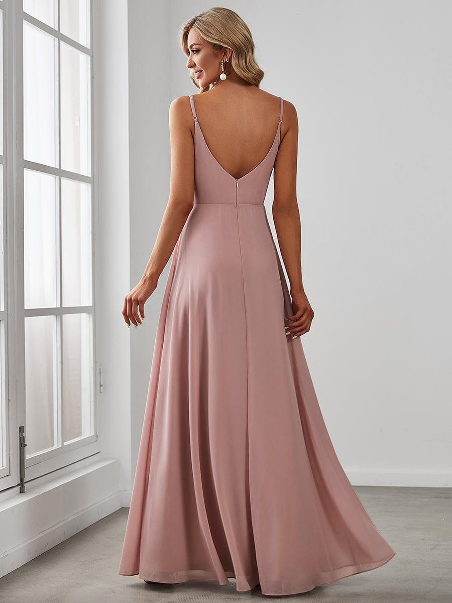 Spaghetti Strap Pleated V-Neck High Slit Evening Dress #color_Dusty Rose