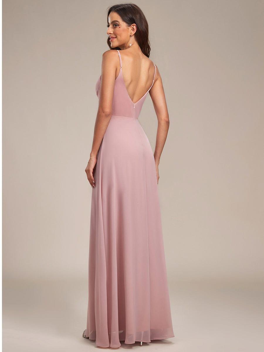 Spaghetti Strap Pleated V-Neck High Slit Bridesmaid Dress #color_Dusty Rose