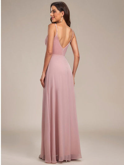 Spaghetti Strap Pleated V-Neck High Slit Evening Dress #color_Dusty Rose