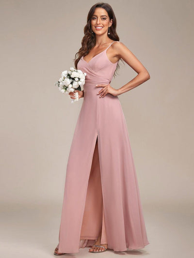Spaghetti Strap Pleated V-Neck High Slit Evening Dress #color_Dusty Rose