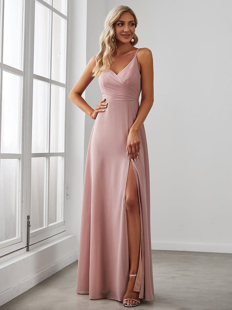 Spaghetti Strap Pleated V-Neck High Slit Evening Dress #color_Dusty Rose