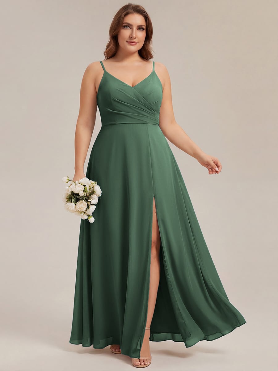 Spaghetti Strap Pleated V-Neck High Slit Bridesmaid Dress #color_Eucalyptus Green