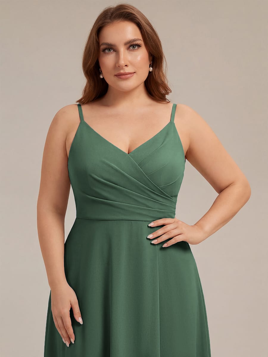 Spaghetti Strap Pleated V-Neck High Slit Bridesmaid Dress #color_Eucalyptus Green