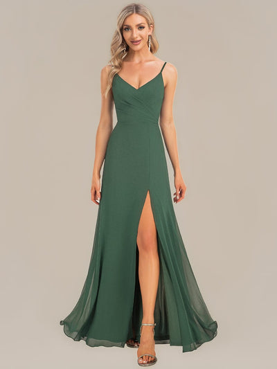 Spaghetti Strap Pleated V-Neck High Slit Bridesmaid Dress #color_Eucalyptus Green