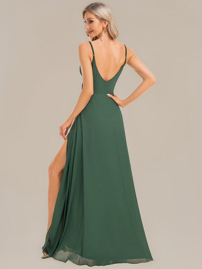 Spaghetti Strap Pleated V-Neck High Slit Bridesmaid Dress #color_Eucalyptus Green