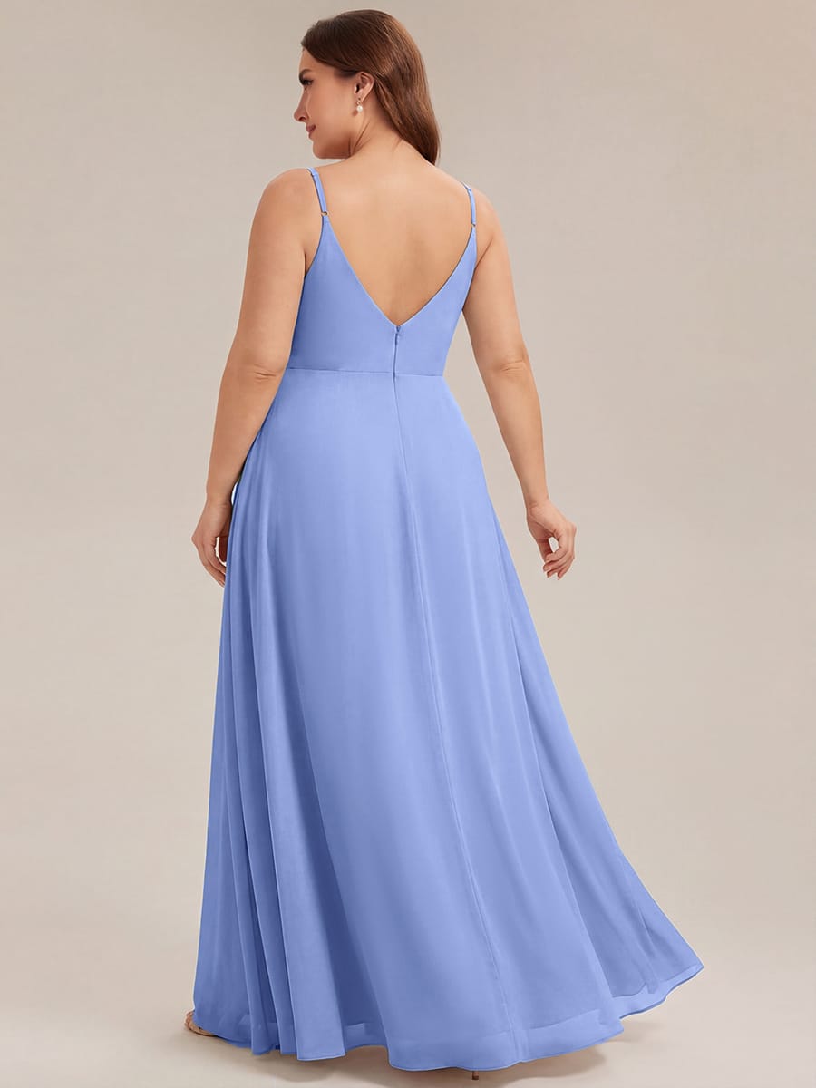 Spaghetti Strap Pleated V-Neck High Slit Bridesmaid Dress #color_Cornflower Blue