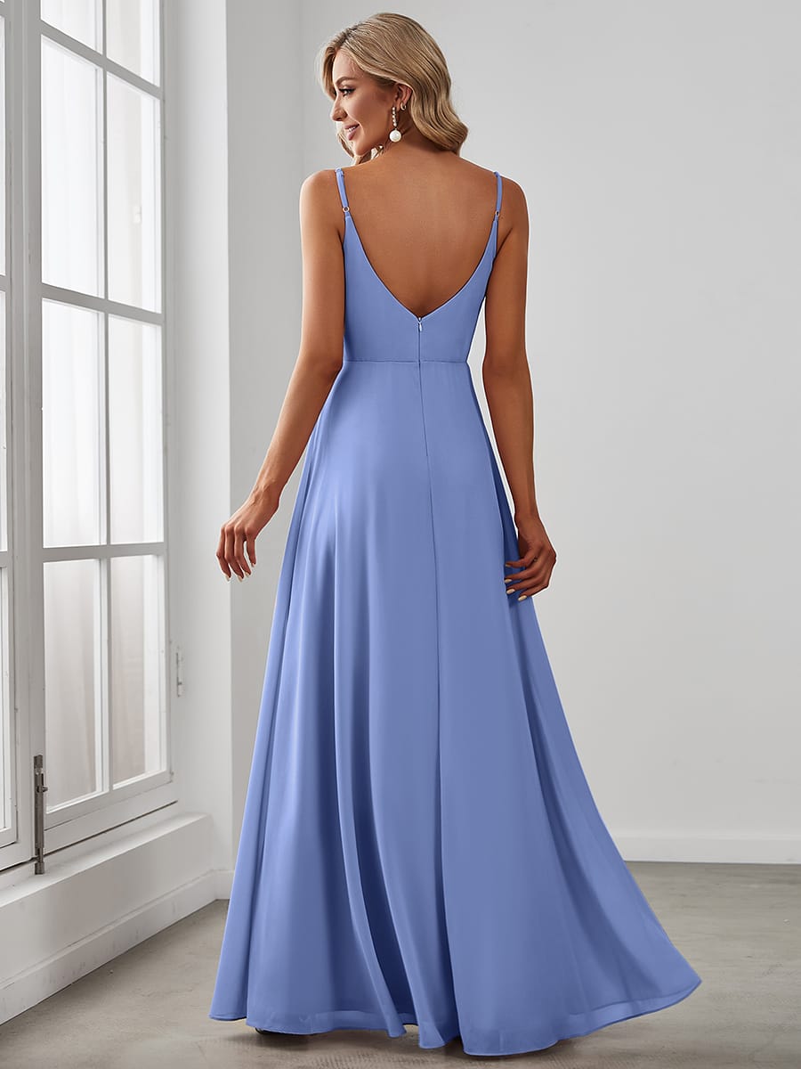Spaghetti Strap Pleated V-Neck High Slit Bridesmaid Dress #color_Cornflower Blue