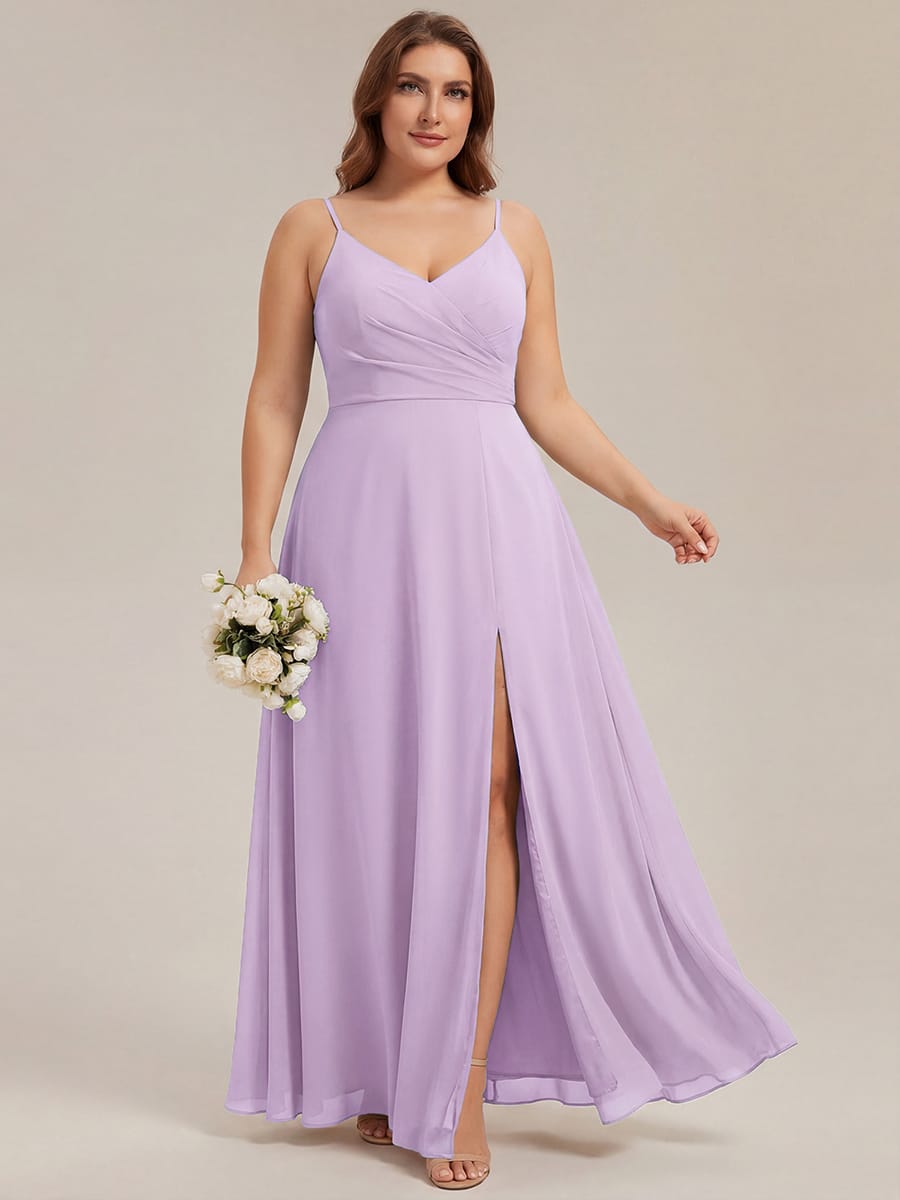 Spaghetti Strap Pleated V-Neck High Slit Bridesmaid Dress #color_Frosted Lilac