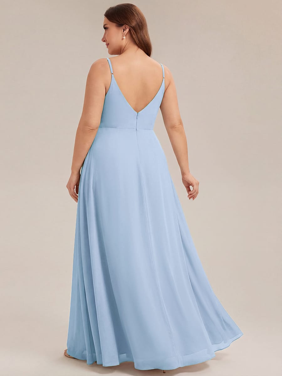 Spaghetti Strap Pleated V-Neck High Slit Bridesmaid Dress #color_Ice Blue