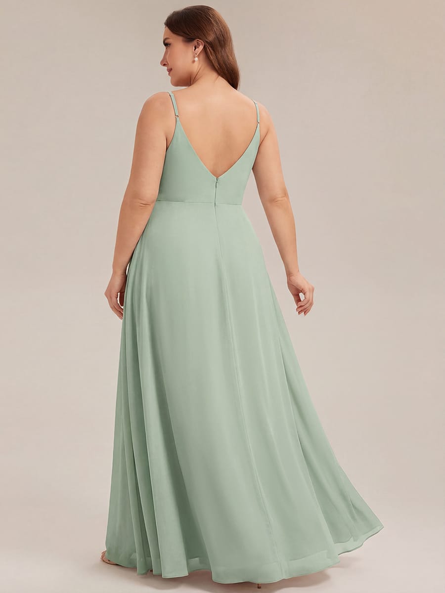 Spaghetti Strap Pleated V-Neck High Slit Bridesmaid Dress #color_Mint Green