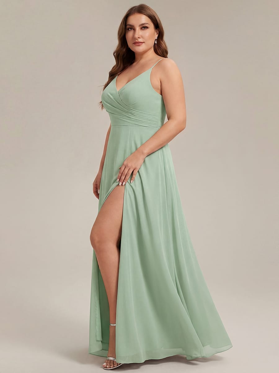 Spaghetti Strap Pleated V-Neck High Slit Bridesmaid Dress #color_Mint Green