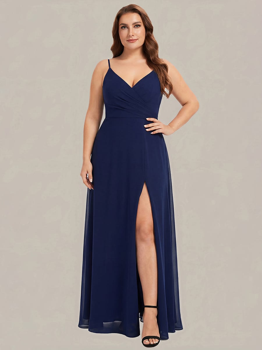 Spaghetti Strap Pleated V-Neck High Slit Bridesmaid Dress #color_Navy Blue